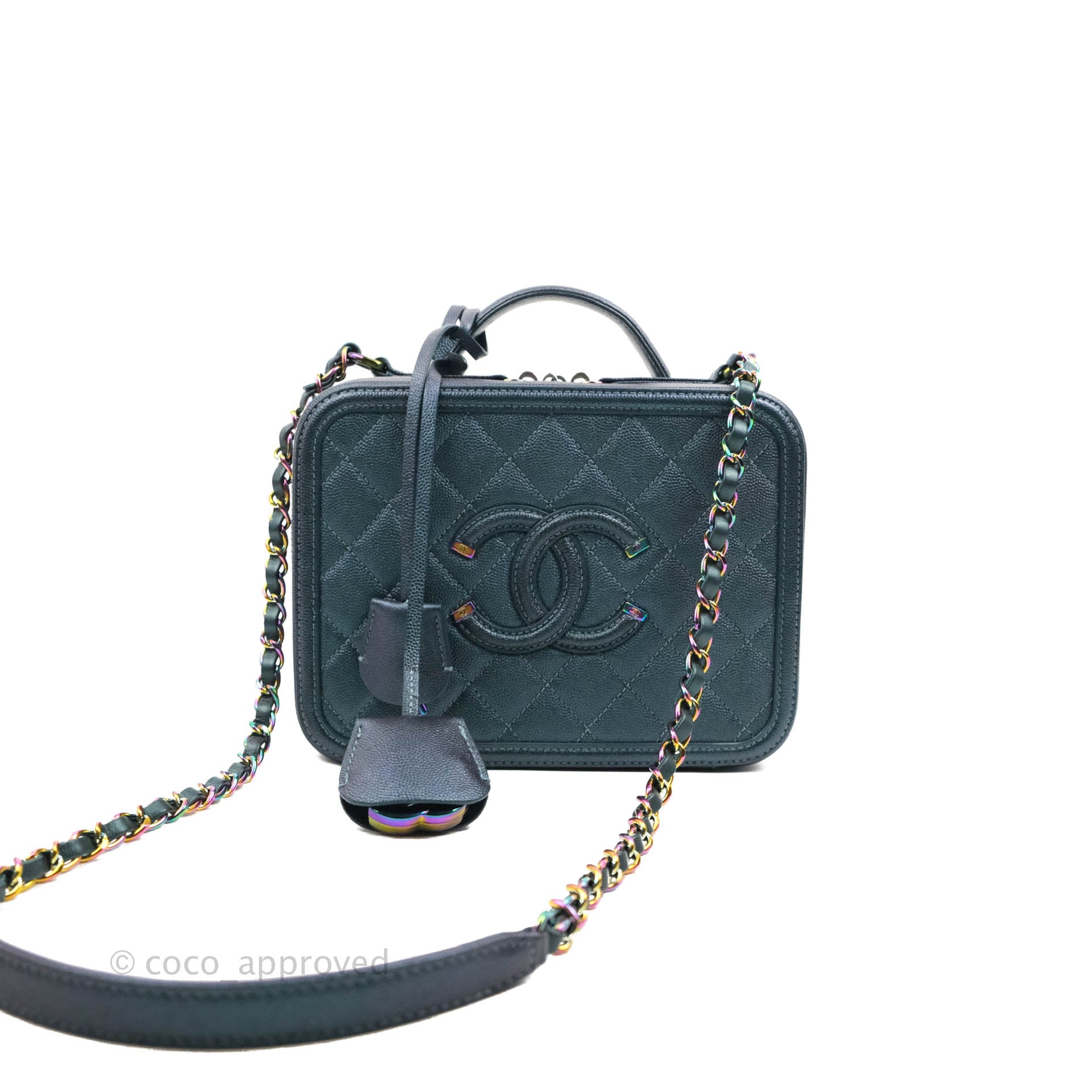 Chanel Quilted Medium CC Filigree Vanity Case Iridescent Dark Turquois – Coco  Approved Studio
