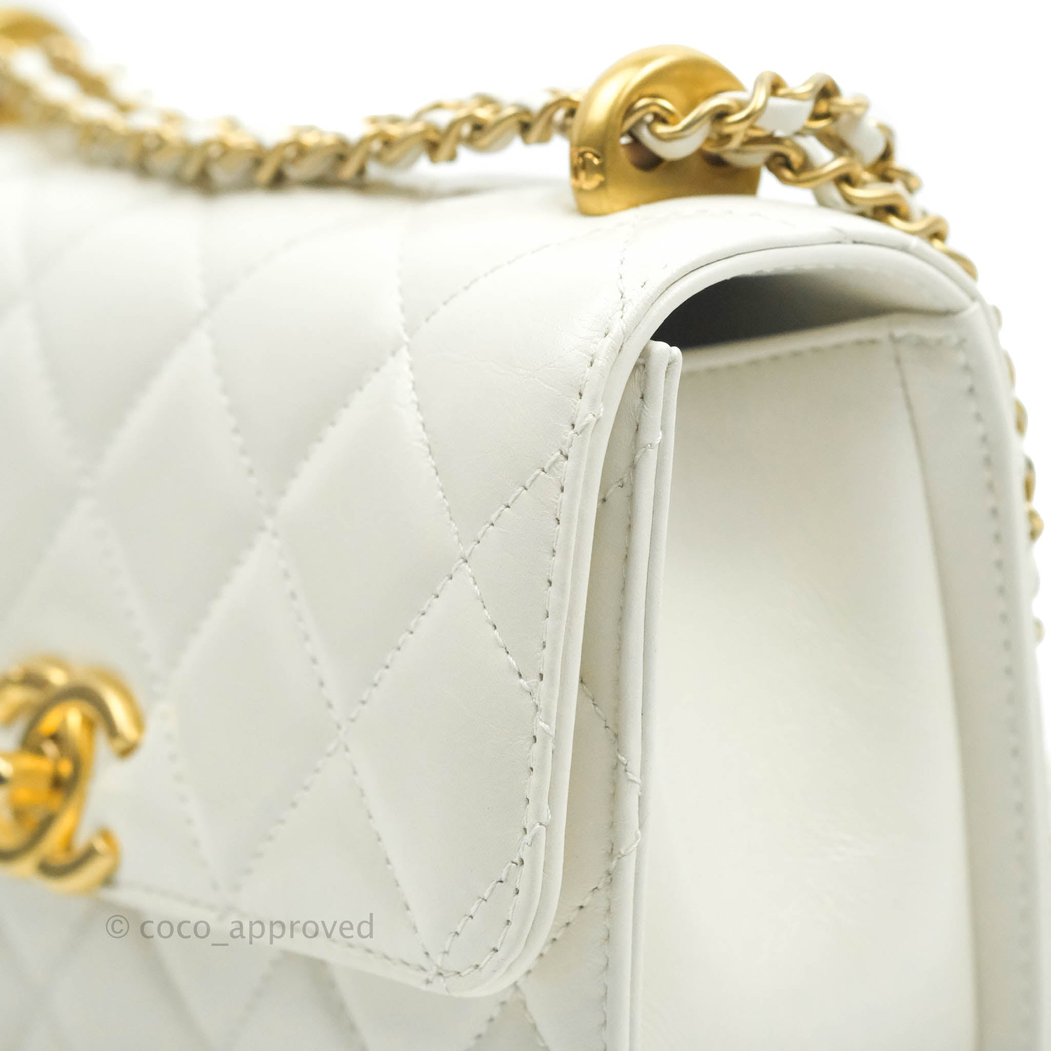 Chanel Women Mini Flap Bag with Top Handle Grained Calfskin Gold Tone Metal  White - LULUX
