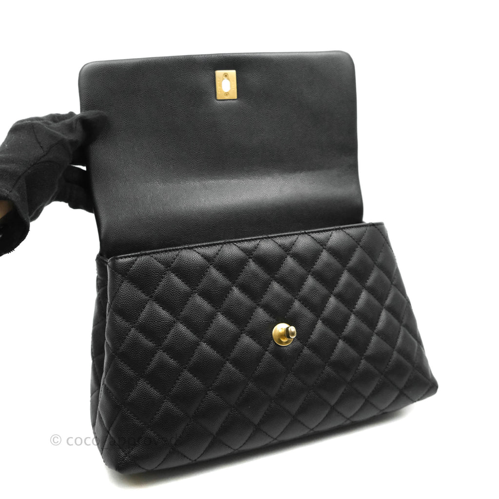 Chanel Small Coco Handle Quilted Black Caviar Lizard Handle Gold Hardware