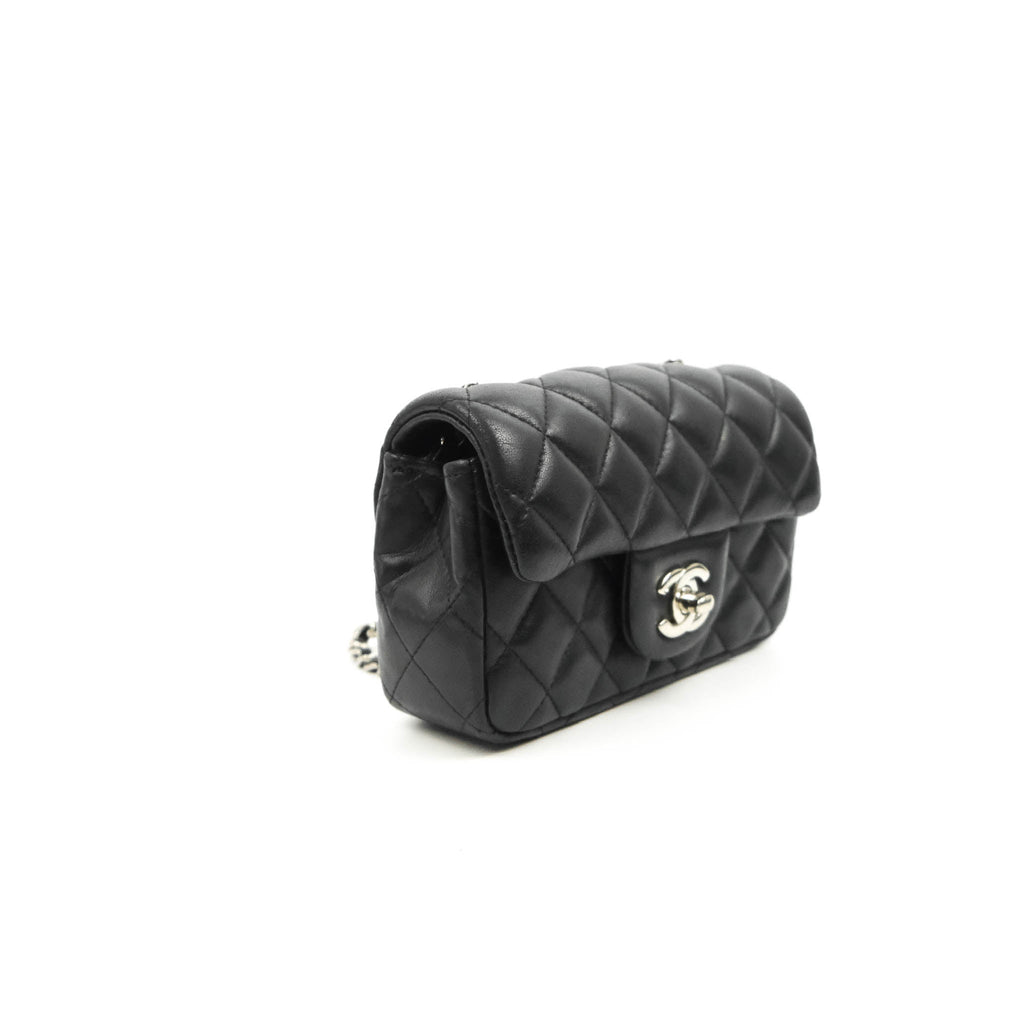 Chanel Quilted Extra Mini Rectangular Flap Black Lambskin Silver Hardware