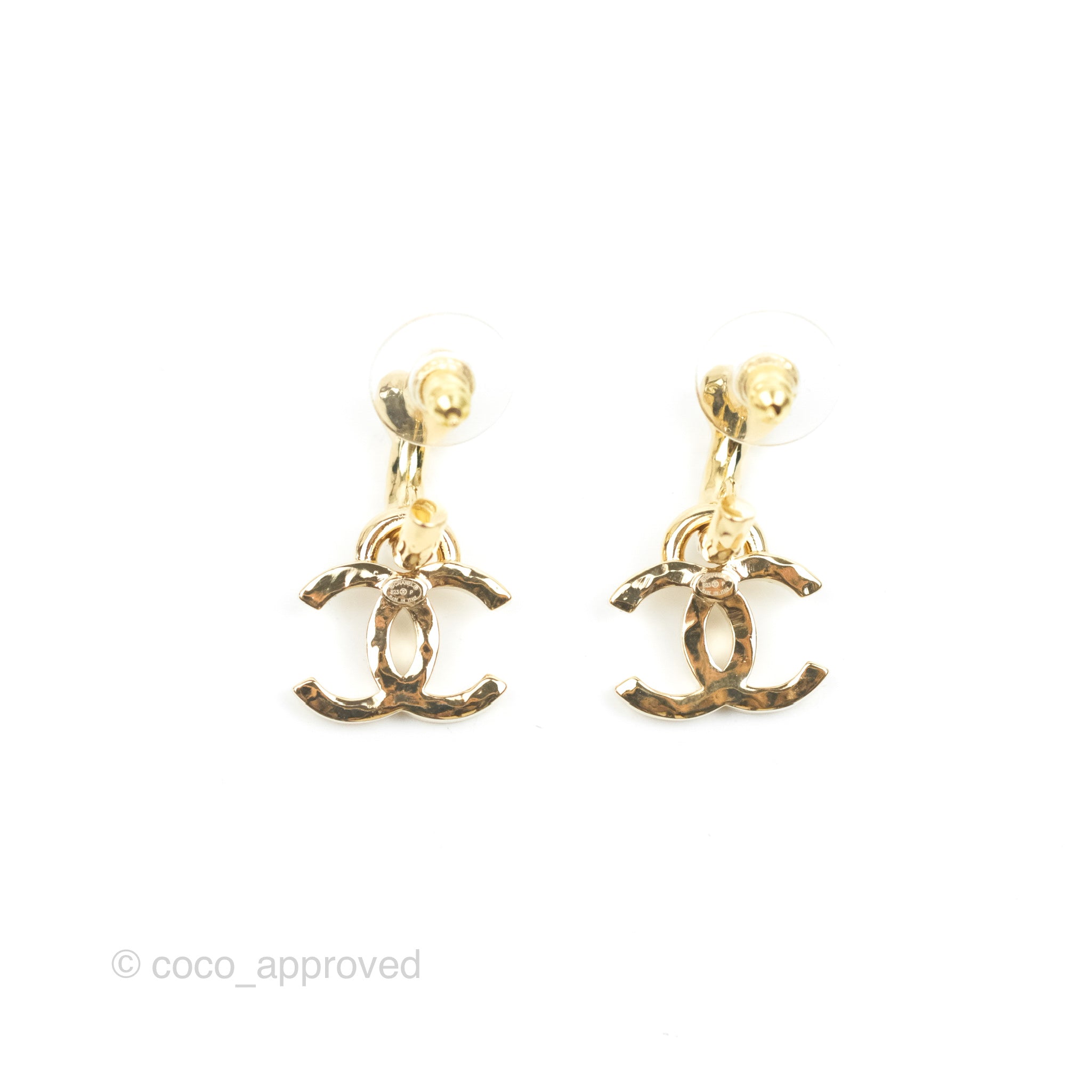Chanel Heart Crystal CC Drop Hoop Earrings Gold Tone 23P – Coco
