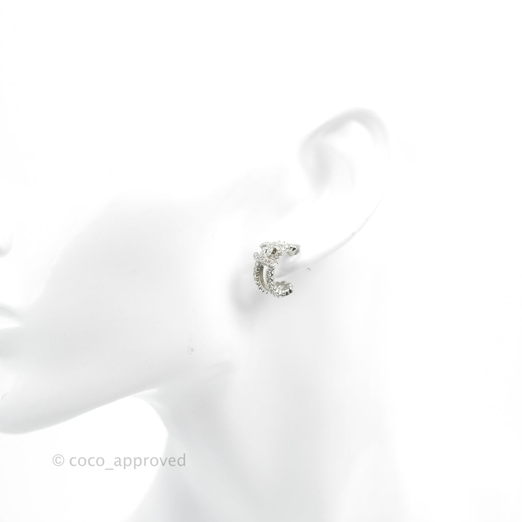 Chanel CC Crystal Hoop Earrings Silver Tone 22B