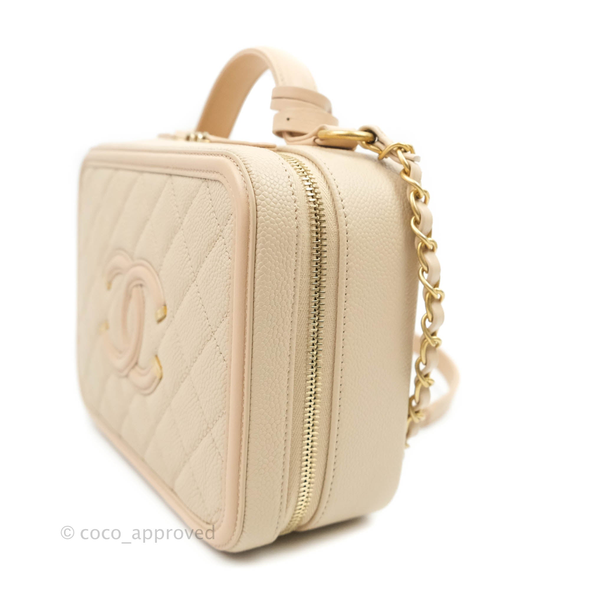 2018 Chanel Light Beige Quilted Caviar Leather Small Filigree Vanity Case