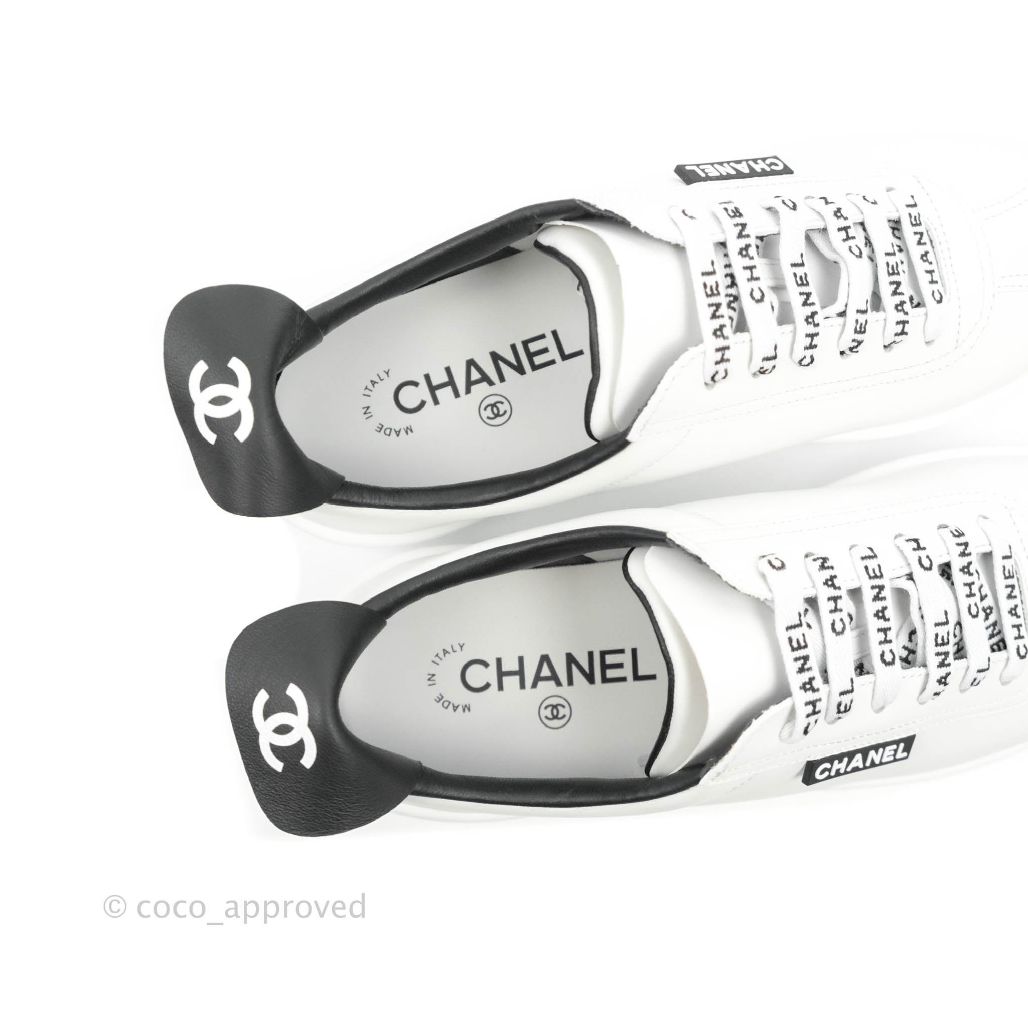 Chanel Logo Pull Tab Lace-up Sneakers White & Black Size 38 – Coco
