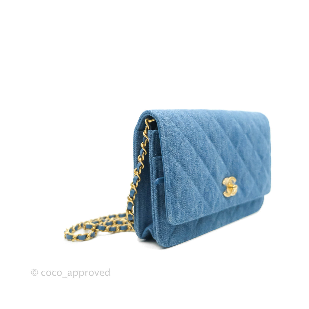 Chanel Quilted Pearl Crush Wallet on Chain WOC Denim Aged Gold Hardware