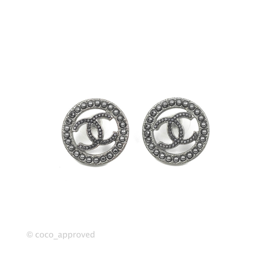Chanel CC Black Pearl Round Earrings Gun Metal 17A