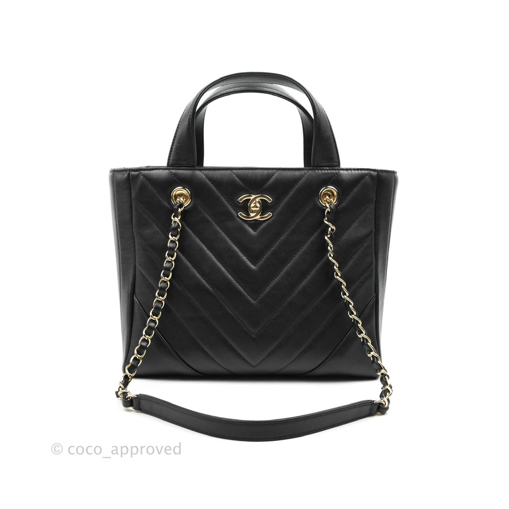 Chanel Small Chevron Tote Bag Black Calfskin Gold Hardware