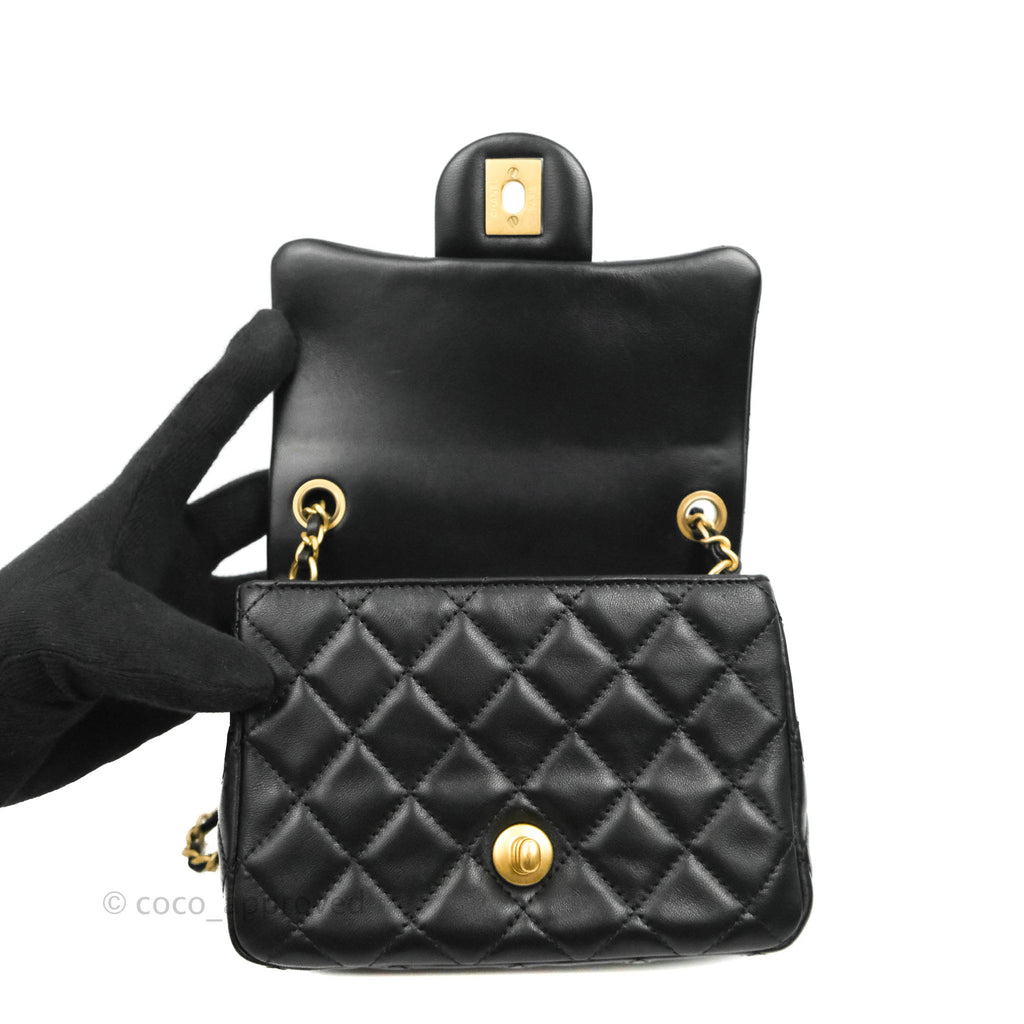 Chanel Pearl Crush Mini Square Quilted Black Lambskin Aged Gold Hardware