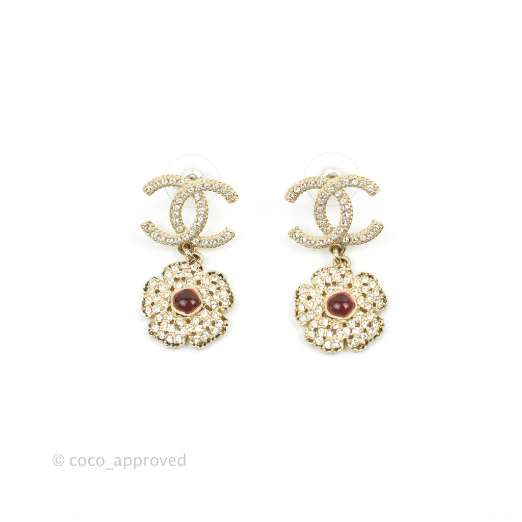 Chanel Crystal CC Drop Crystal Camellia Earrings Gold Tone 19K