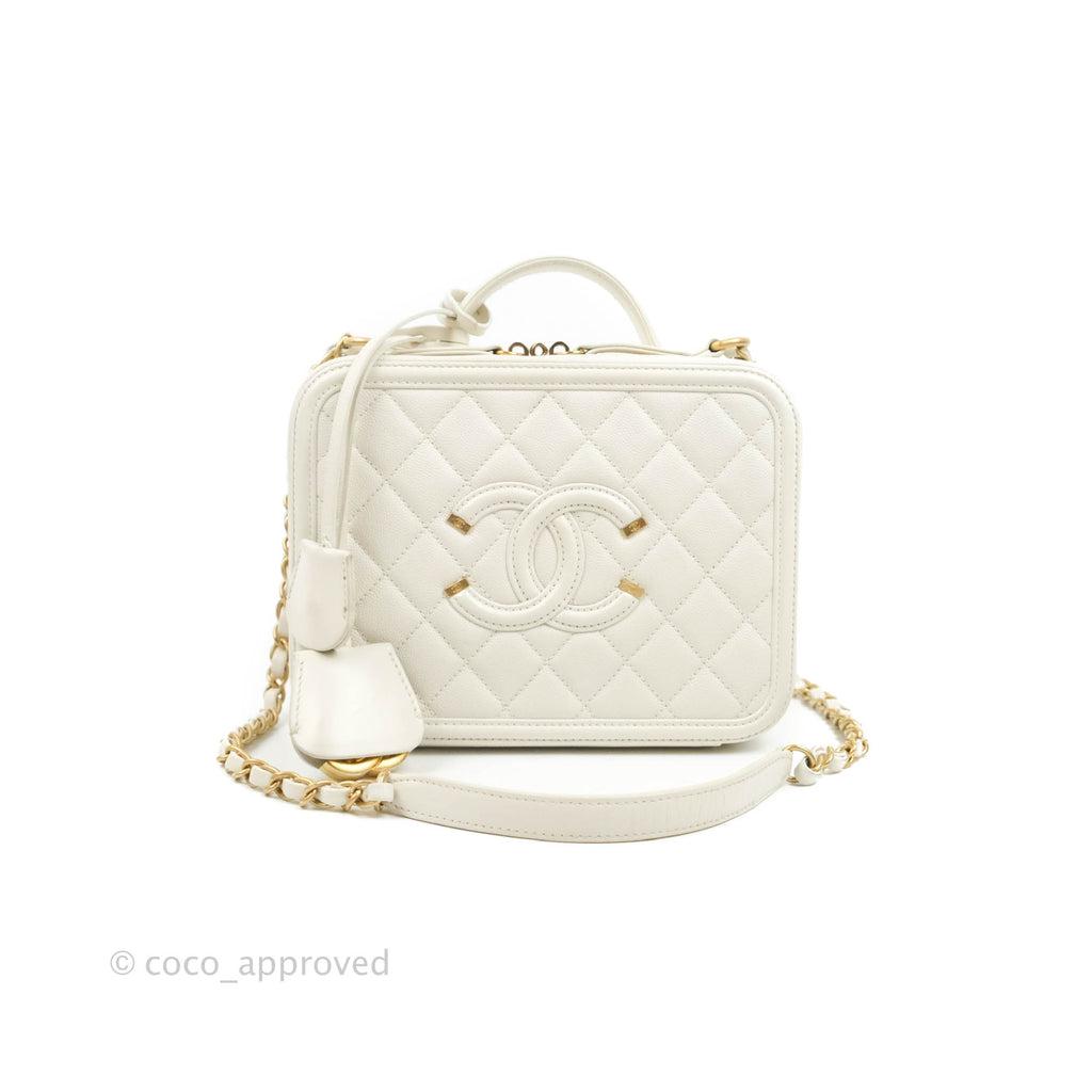 Chanel Quilted Medium CC Filigree Vanity Case White Caviar Aged Gold Hardware