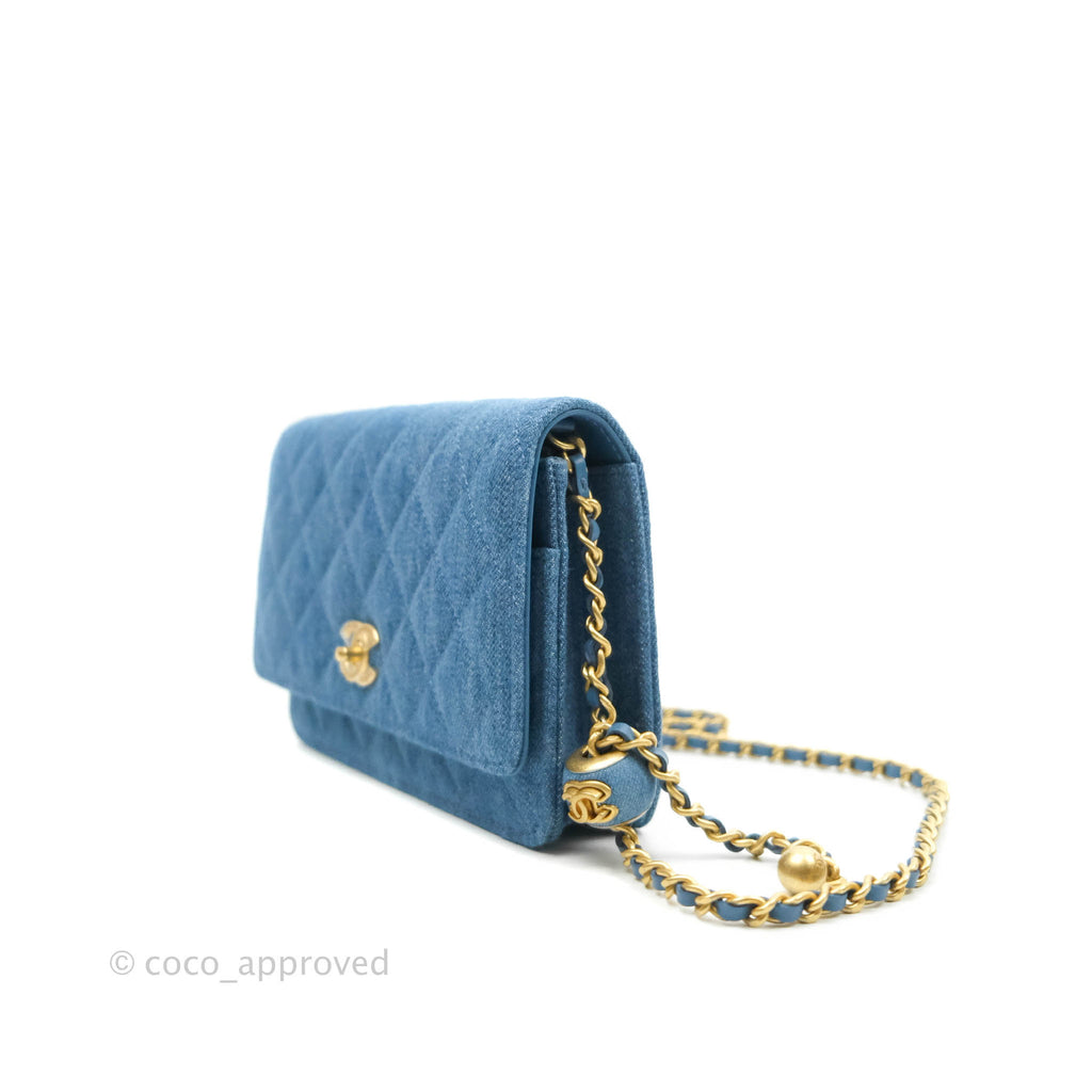 Chanel Quilted Pearl Crush Wallet on Chain WOC Denim Aged Gold Hardware