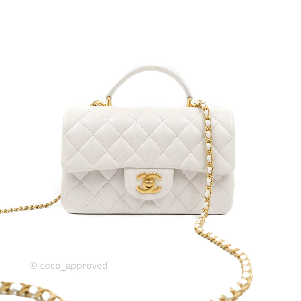 Chanel Top Handle Mini Rectangular Flap Bag Iridescent White Lambskin Gold Hardware