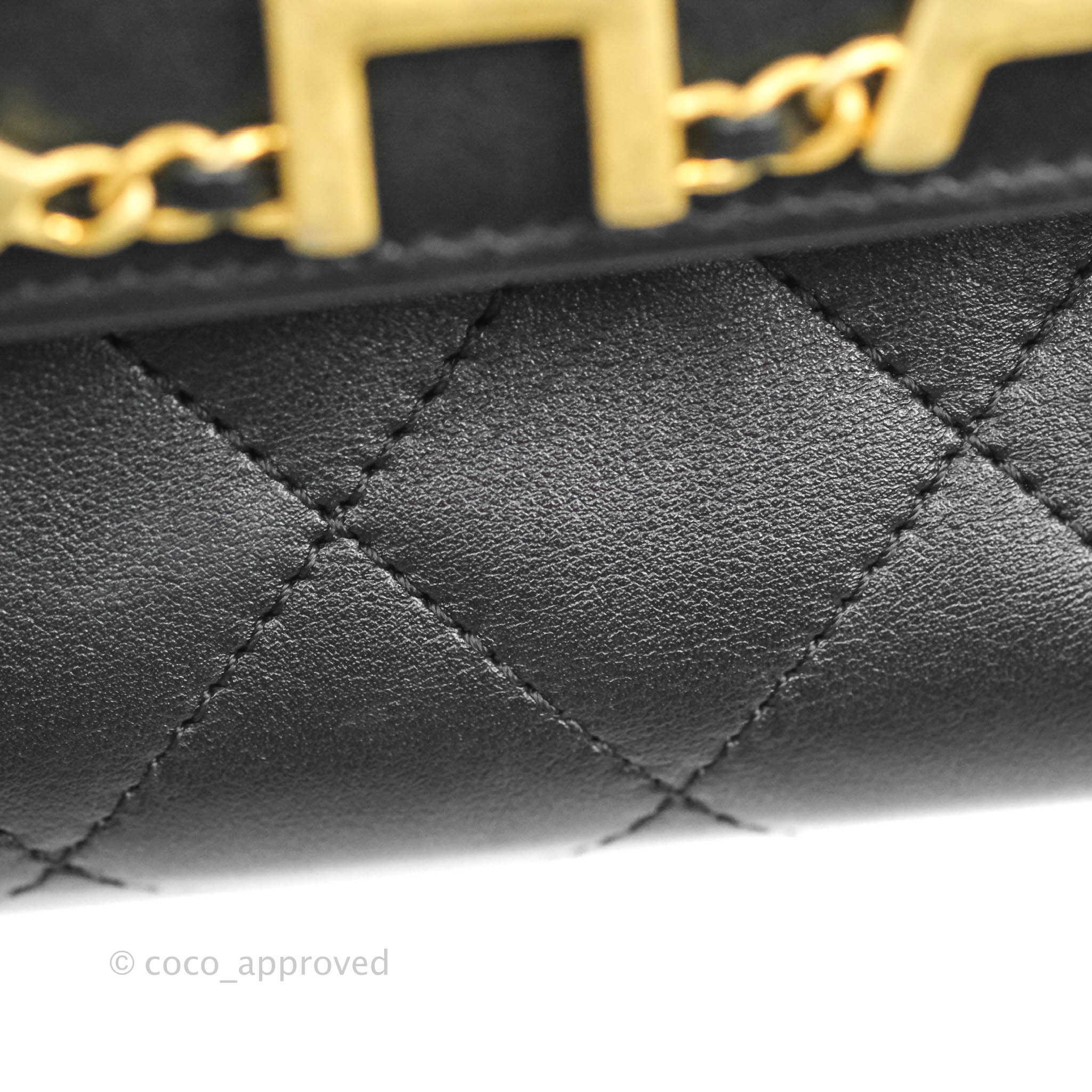 Chanel Logo Enchained Flap Bag Black Calfskin Gold Hardware – Coco Approved  Studio