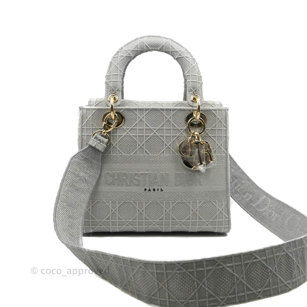 Christian Dior Medium Lady D-Lite Bag Gray Cannage Embroidery Gold Hardware