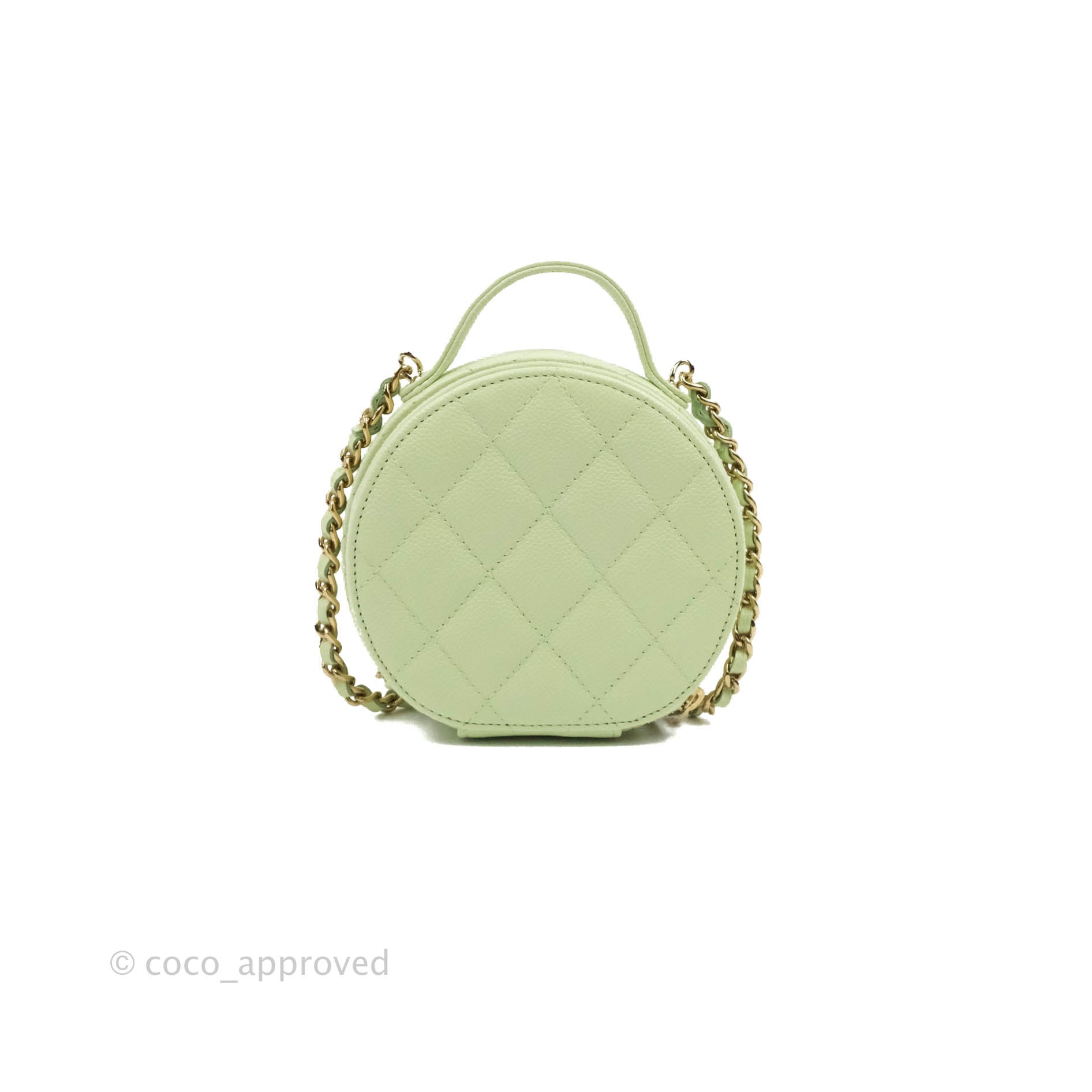 Chanel Mini Round Vanity Bag Handle With Care Light Green Caviar