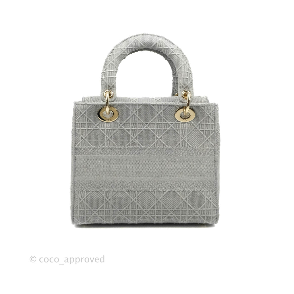 Christian Dior Medium Lady D-Lite Bag Gray Cannage Embroidery Gold Hardware