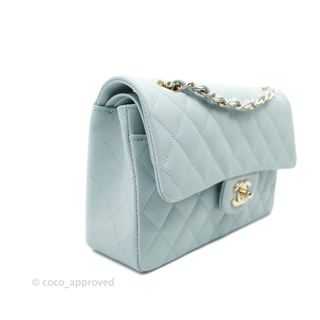 Chanel Small Classic Quilted Flap Light Blue Caviar Gold Hardware