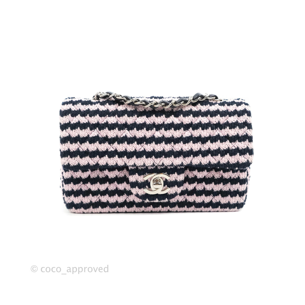 Chanel Mini Rectangular Flap Bag Navy Pink Striped Tweed Silver Hardware