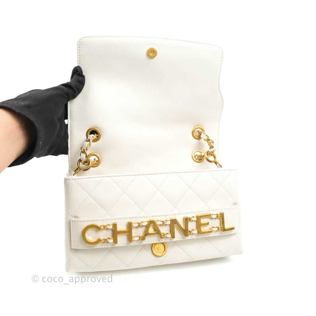 Chanel Small Logo Enchained Flap Bag White Calfskin Aged Gold Hardware 20S
