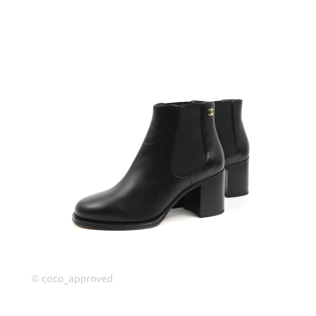 Chanel CC Ankle Boots Black Leather Size 37.5