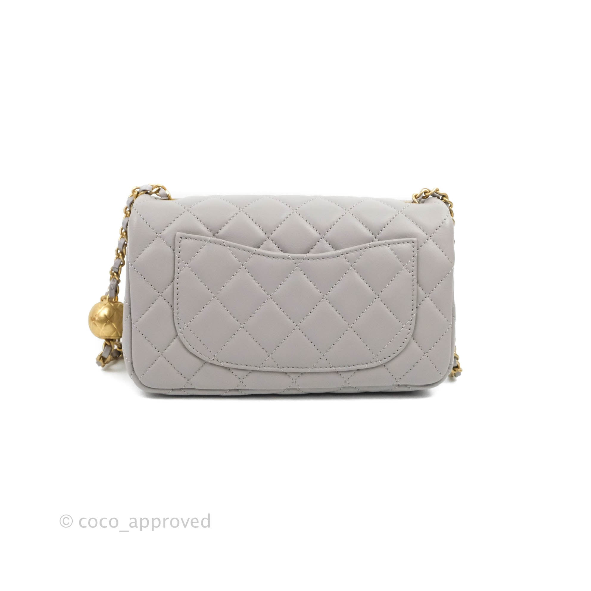 Chanel Light Grey Quilted Lambskin Mini Classic Flap Light Gold Hardware, 2022 (Like New), Womens Handbag