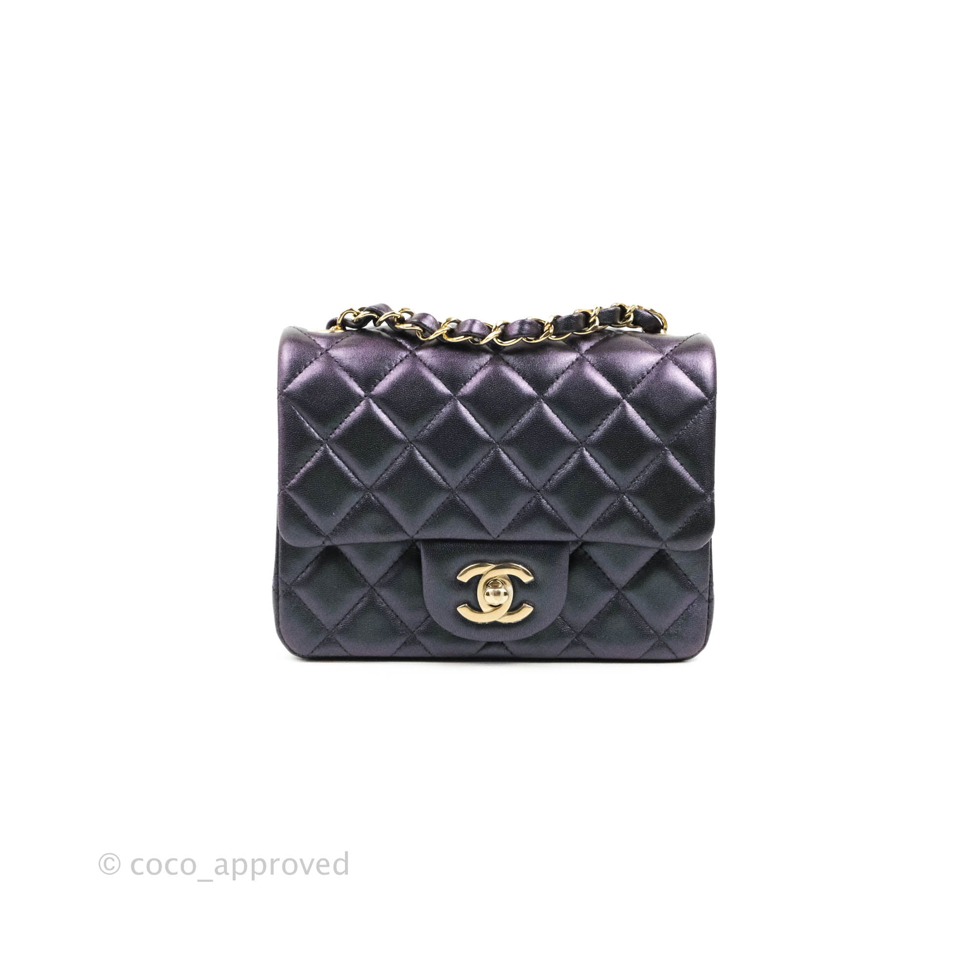 Chanel Mini Square Quilted Iridescent Purple Lambskin Gold