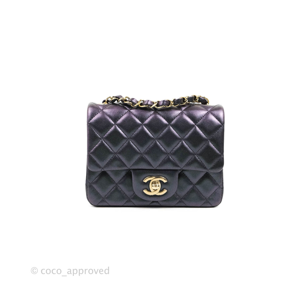 Chanel Mini Square Quilted Iridescent Purple Lambskin Gold Hardware