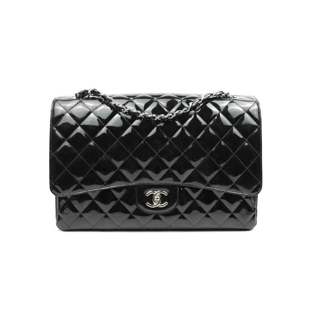 Chanel Quilted Maxi Single Flap Black Patent Silver Hardware