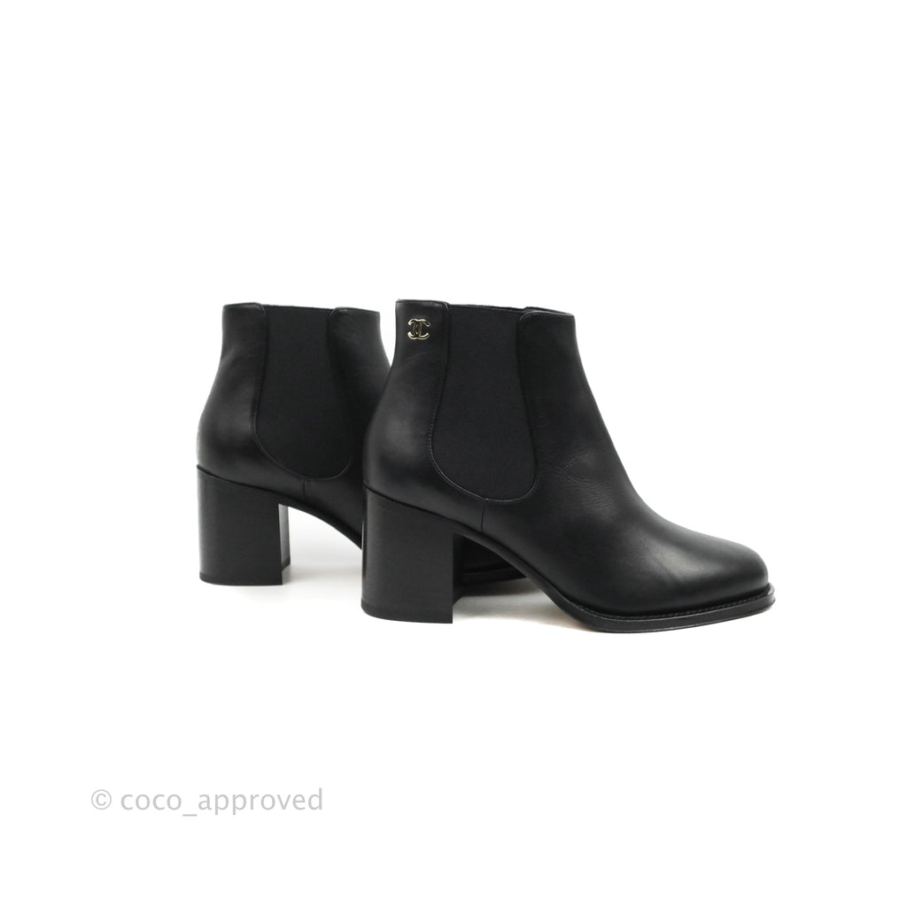 Chanel CC Ankle Boots Black Leather Size 37.5