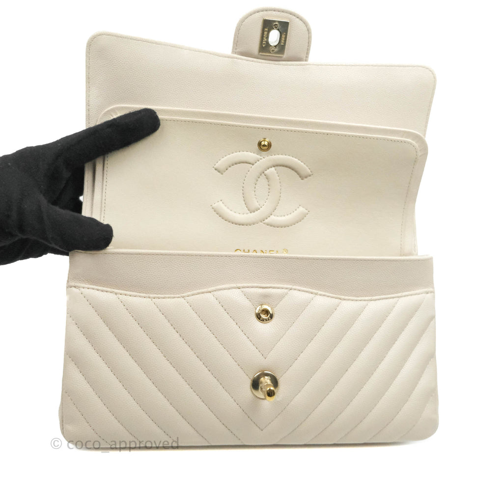 Chanel Classic M/L Medium Double Flap Chevron Ivory Caviar Gold Hardware