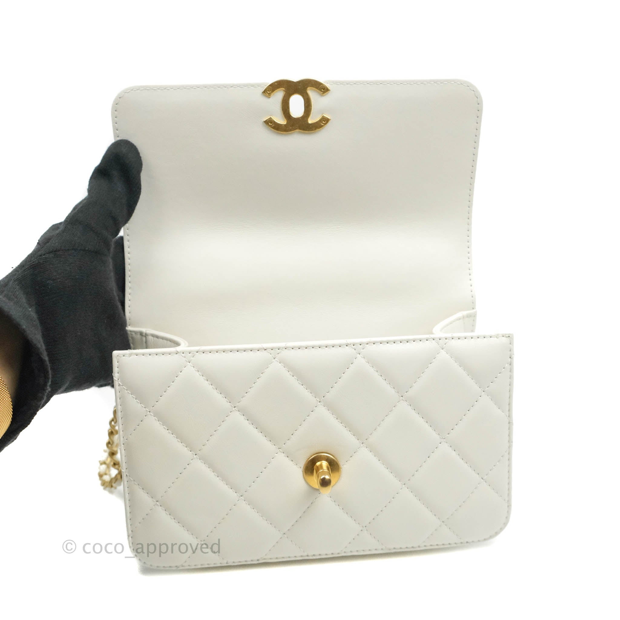 CHANEL Calfskin Quilted Graphic Mini Flap Bag White Black 498039