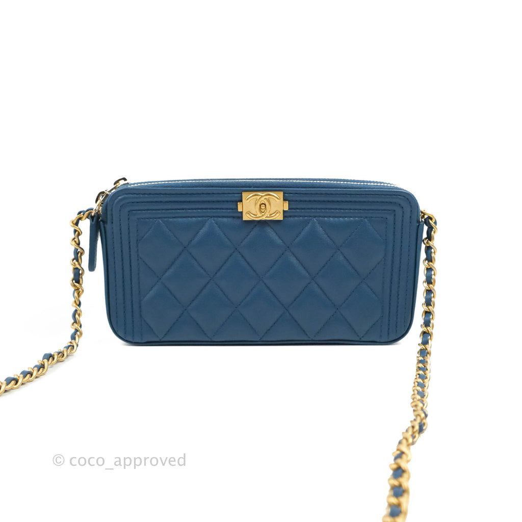 Chanel Boy Double Zip Clutch On Chain Blue Caviar Aged Gold Hardware