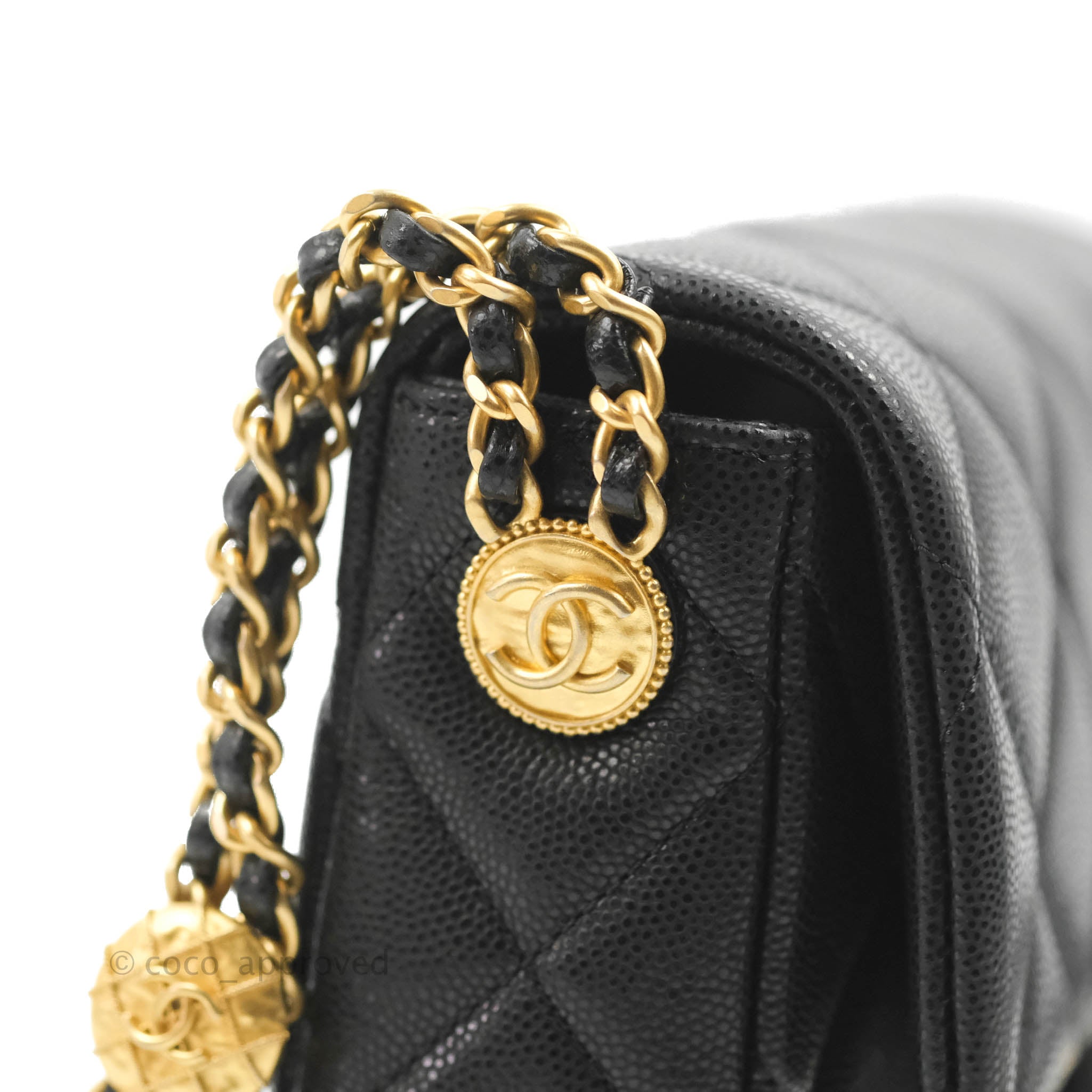 Chanel Small Flap with Coin Charm Black Caviar Aged Gold Hardware