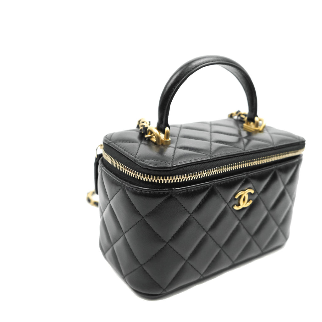 Chanel Classic Vanity Rectangular Top Handle With Chain Black Lambskin Aged Gold Hardware
