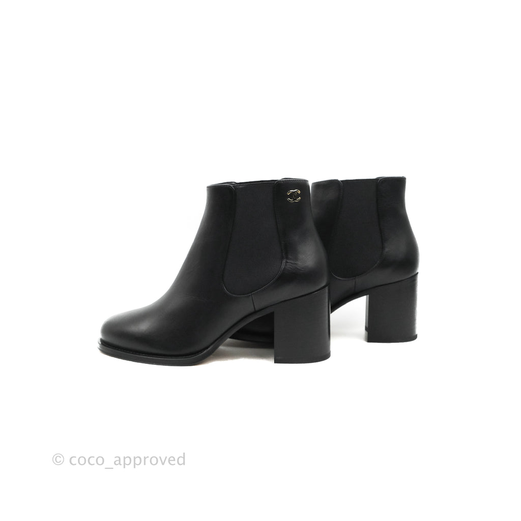 Chanel CC Ankle Boots Black Leather Size 37.5