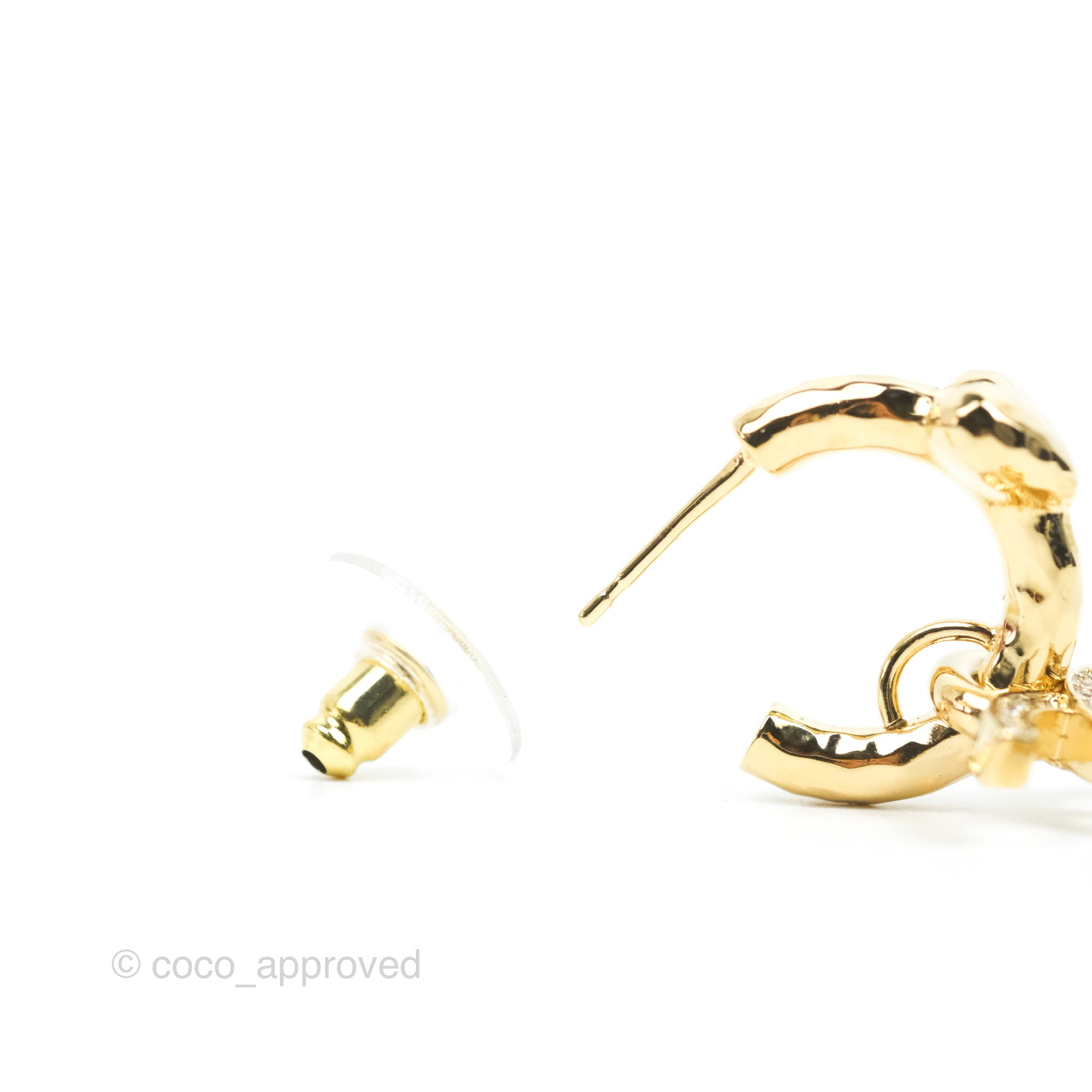Chanel Heart Crystal CC Drop Hoop Earrings Gold Tone 23P – Coco Approved  Studio