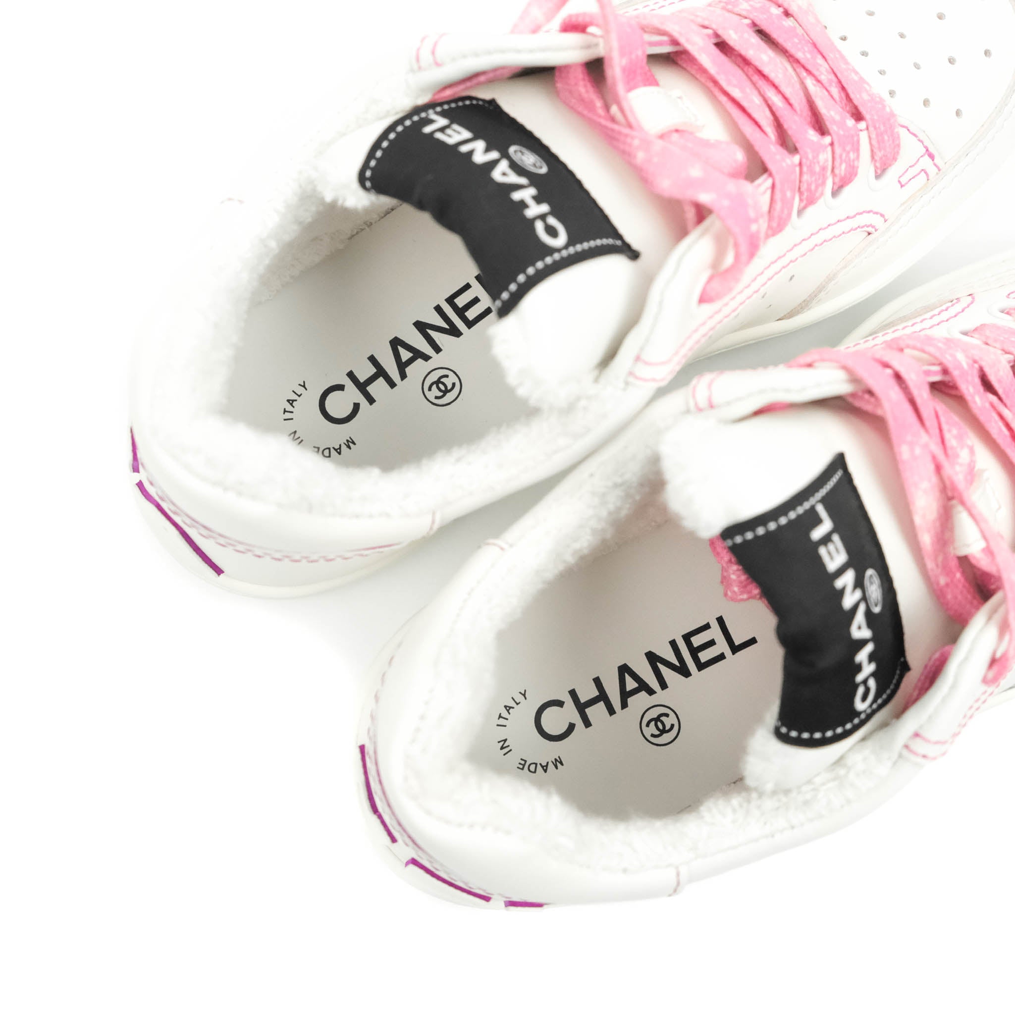 Chanel Calfskin Logo Sneakers White Pink Size 36.5 – Coco Approved