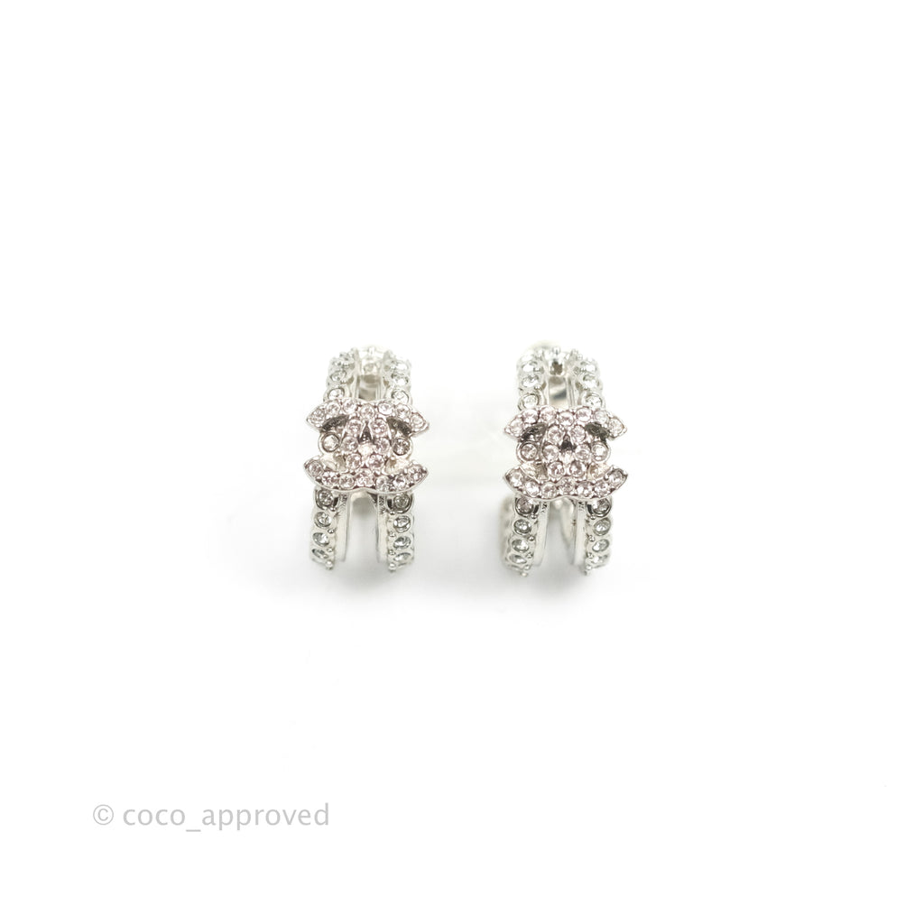 Chanel CC Crystal Hoop Earrings Silver Tone 22B