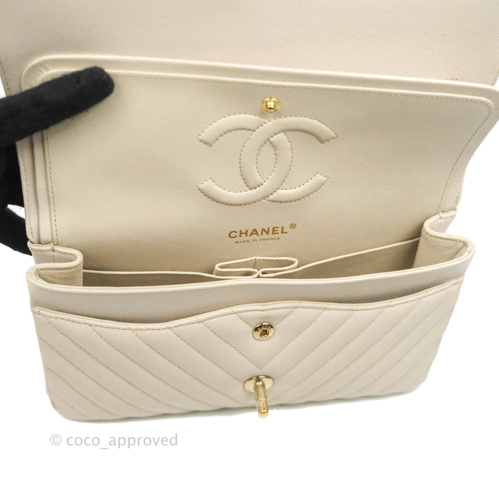 Chanel Classic M/L Medium Double Flap Chevron Ivory Caviar Gold Hardware