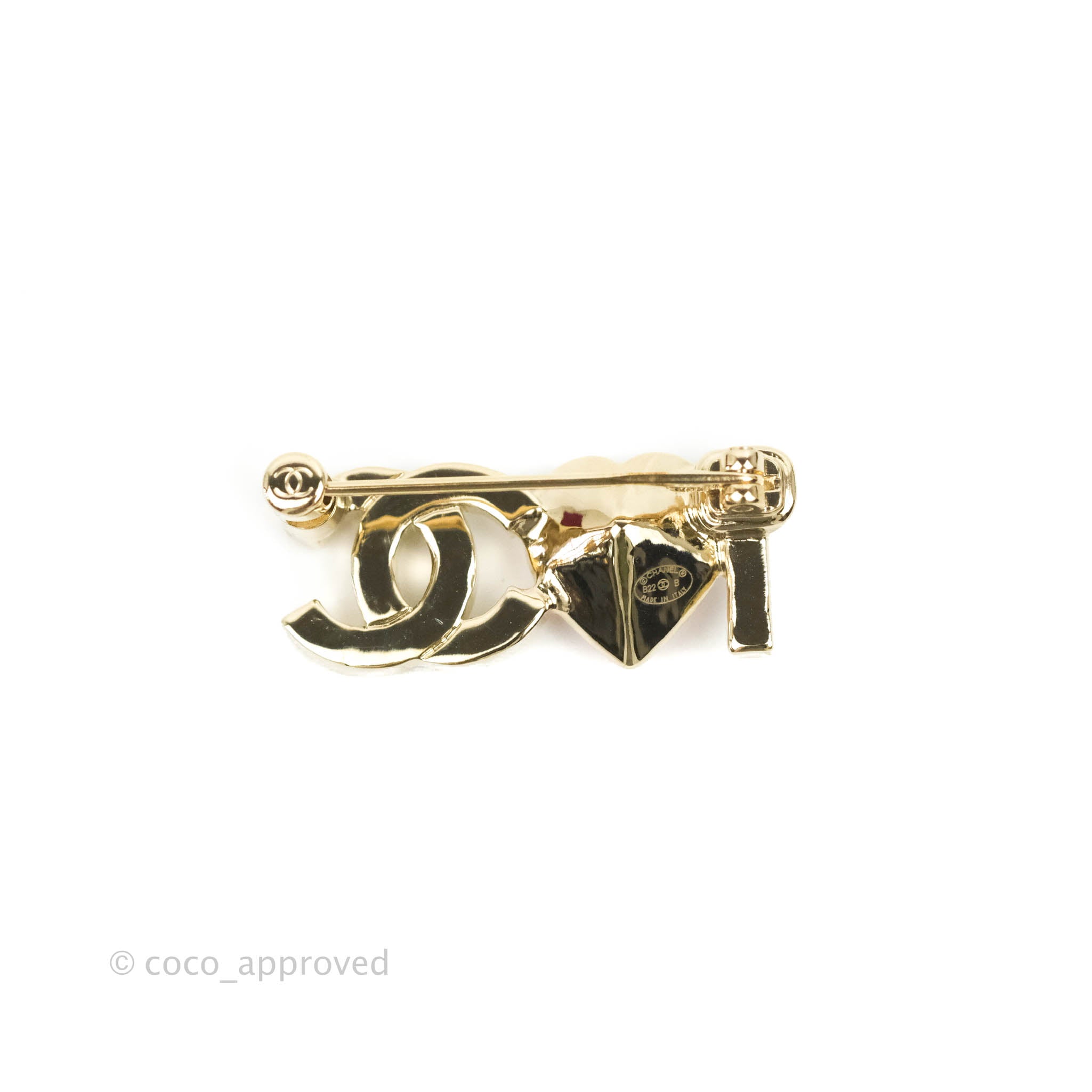 Chanel black Heart and gold metal CC logo brooch