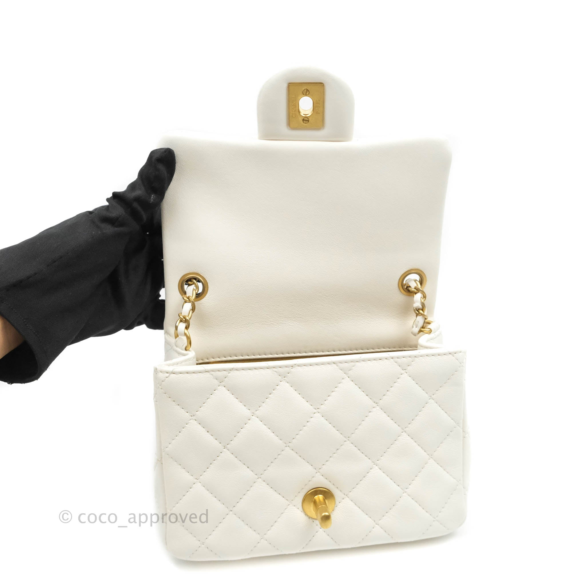 Chanel White Quilted Lambskin Mini Square Pearl Crush Flap Brushed Gold Hardware, 2022 (Very Good), Womens Handbag