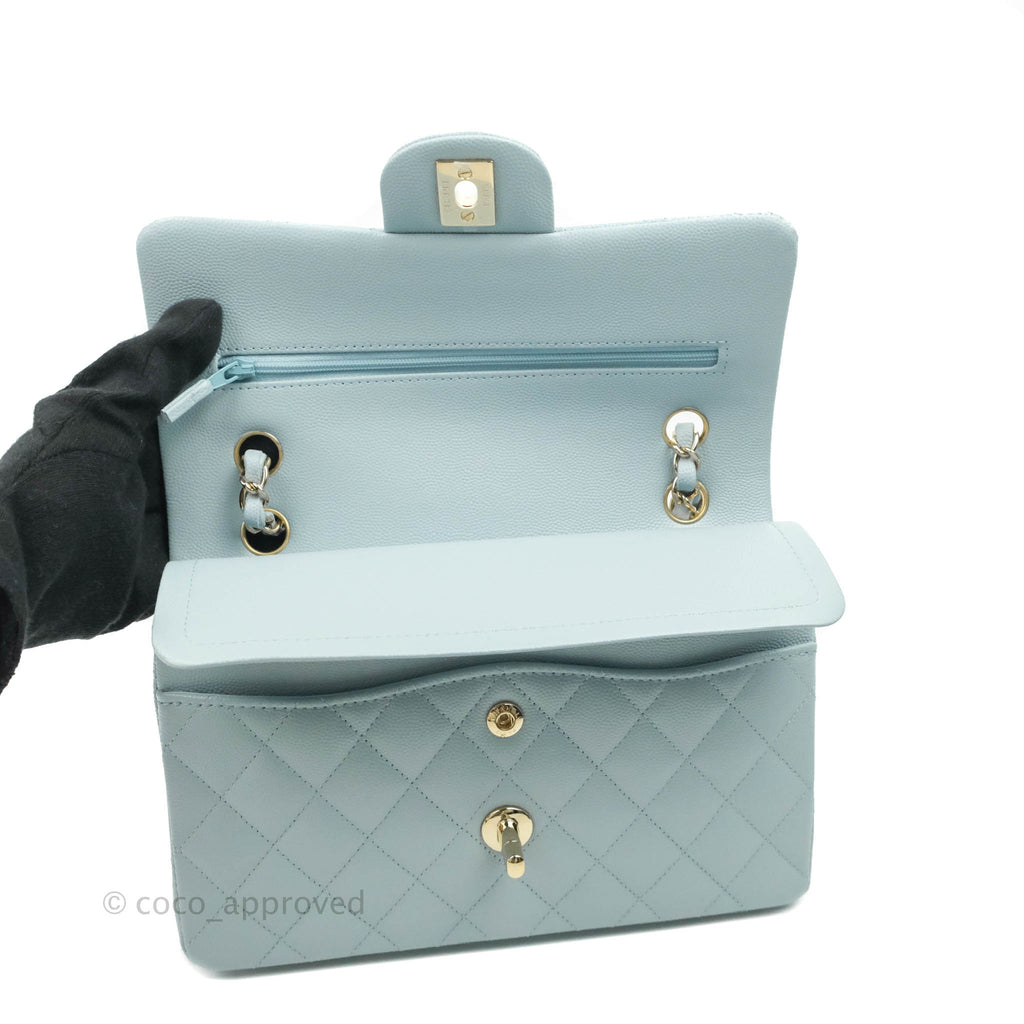 Chanel Small Classic Quilted Flap Light Blue Caviar Gold Hardware