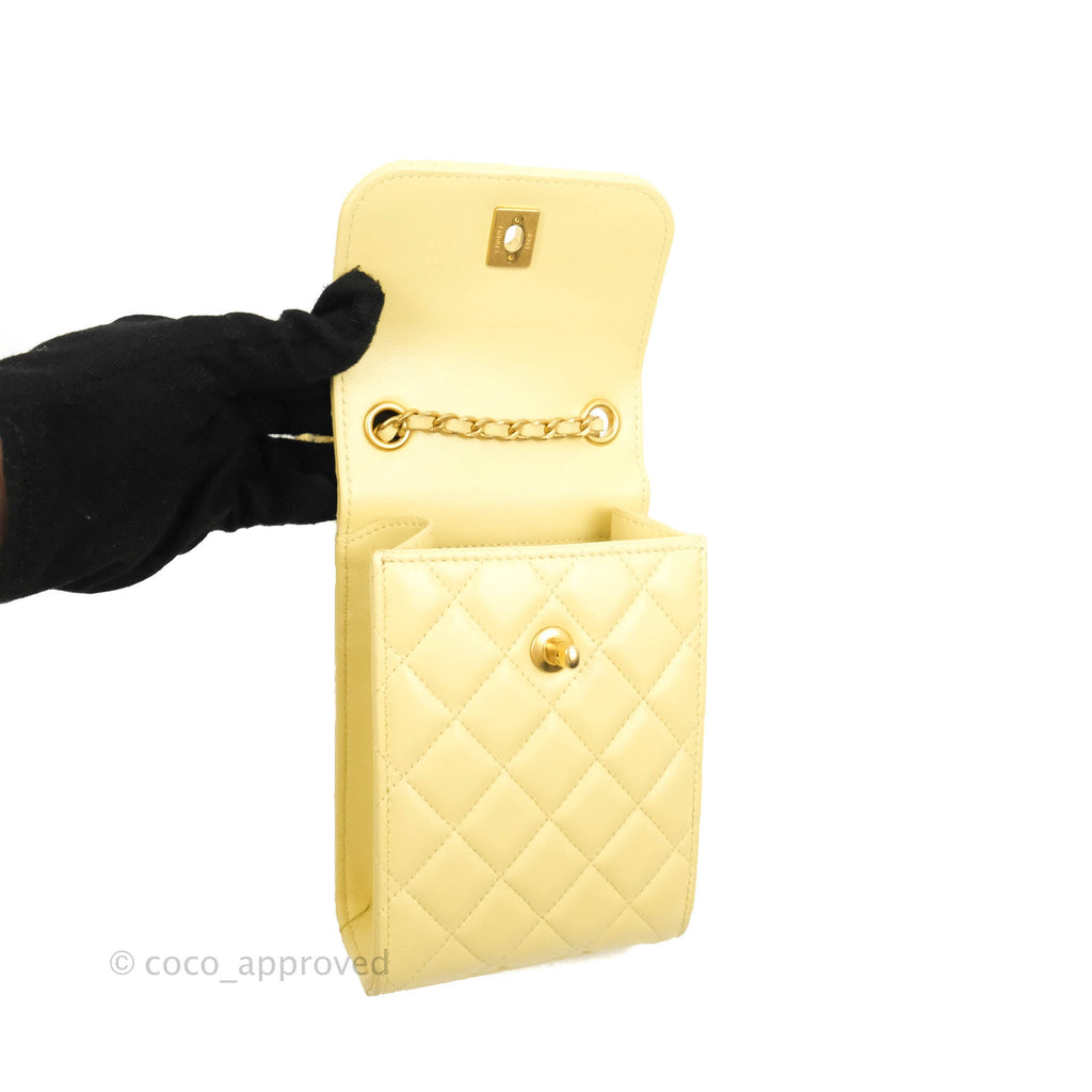 Chanel Phone Holder With Chain Light Yellow in Lambskin Leather - US