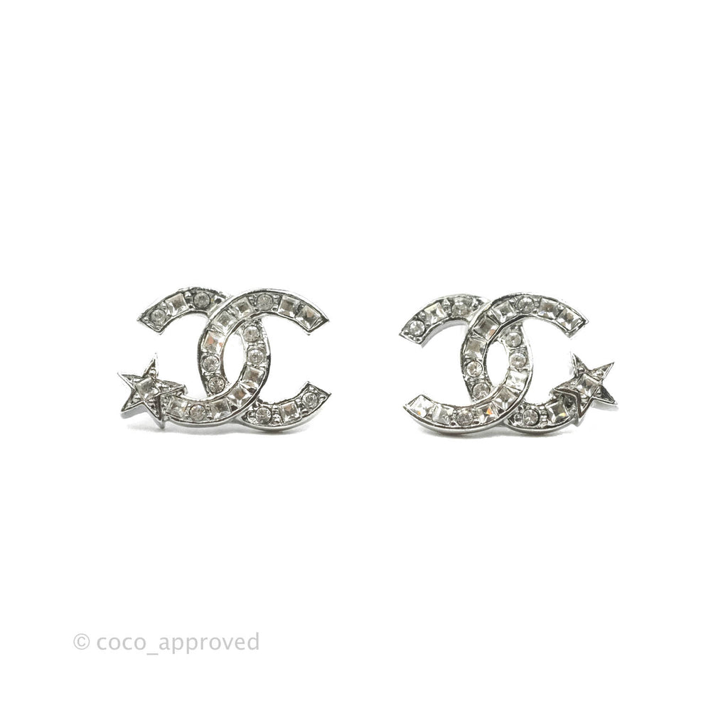 Chanel Crystal CC Star Earrings Silver Tone 21S