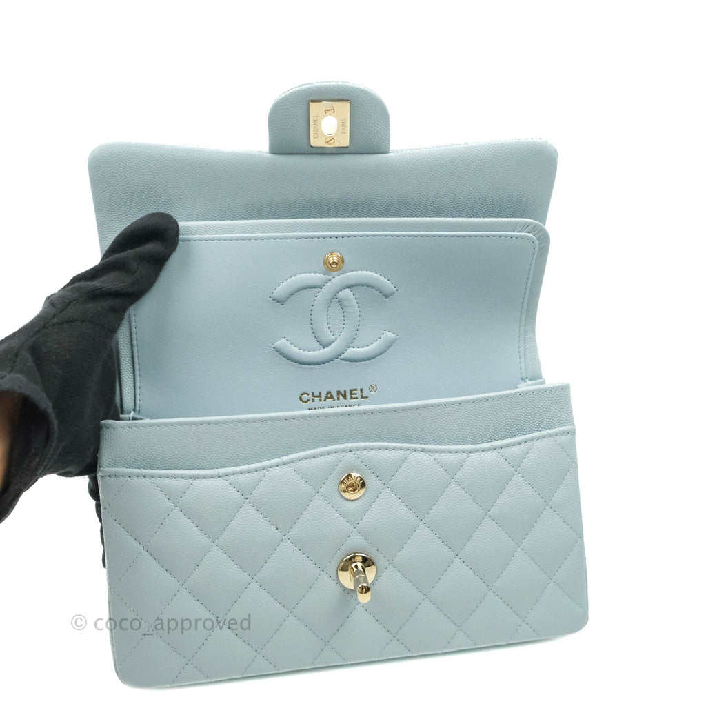 Chanel Small Classic Quilted Flap Light Blue Caviar Gold Hardware