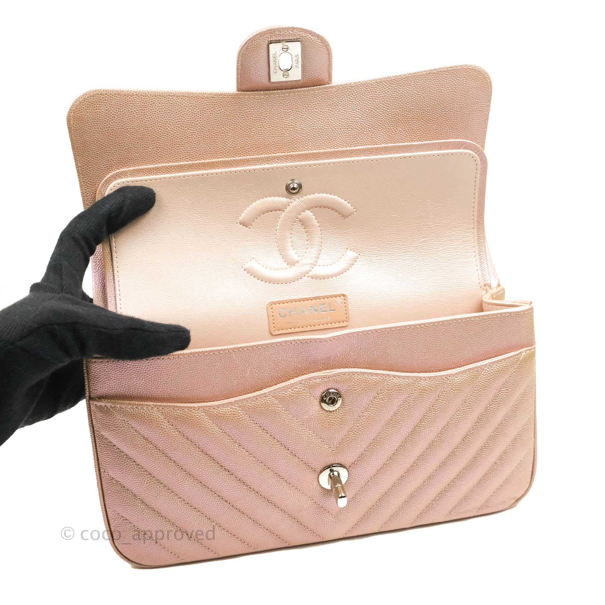Chanel Classic M/L Medium Double Flap Iridescent Rose Gold Pink Caviar –  Coco Approved Studio
