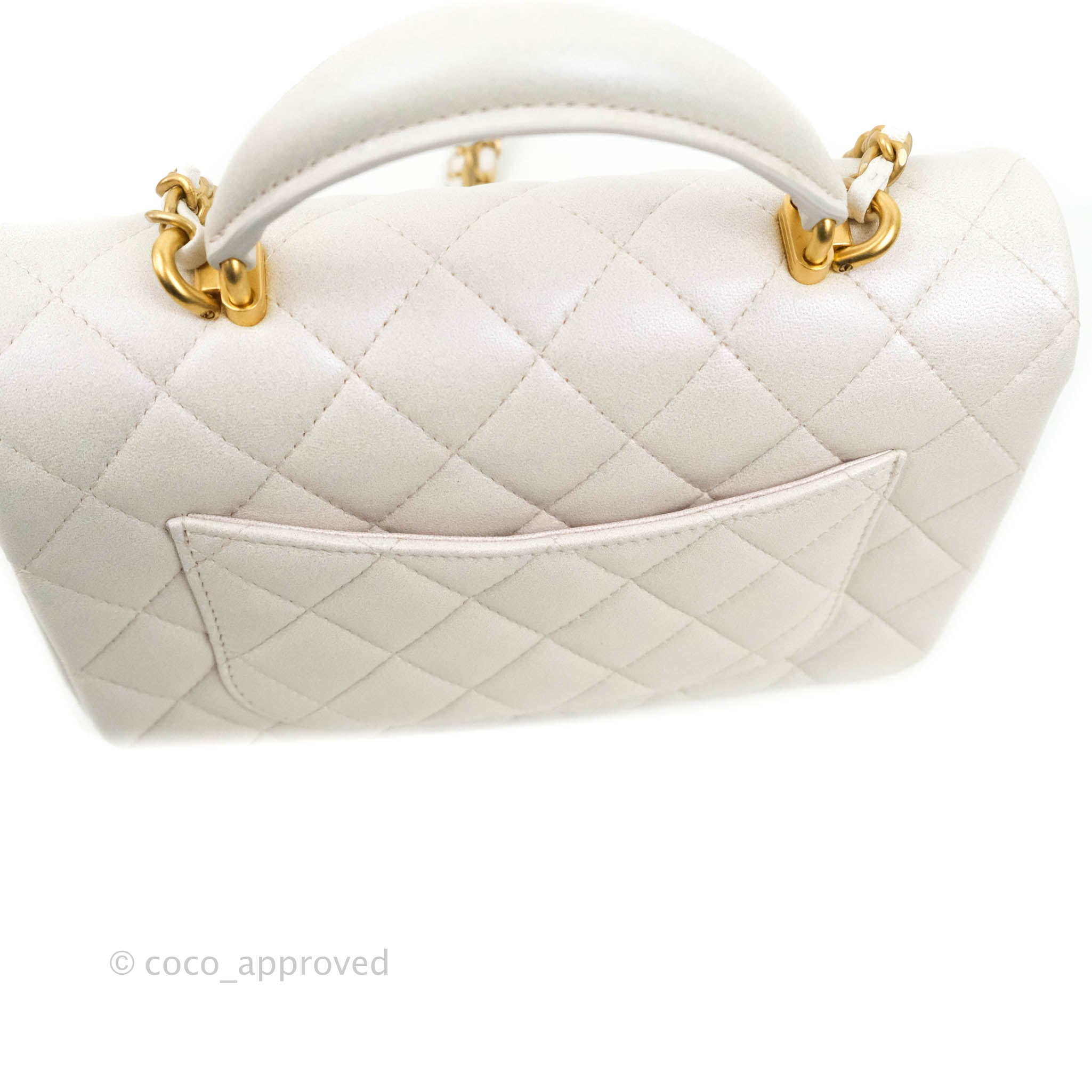 Chanel Beige Quilted Caviar Top Handle Flap Bag Pale Gold Hardware