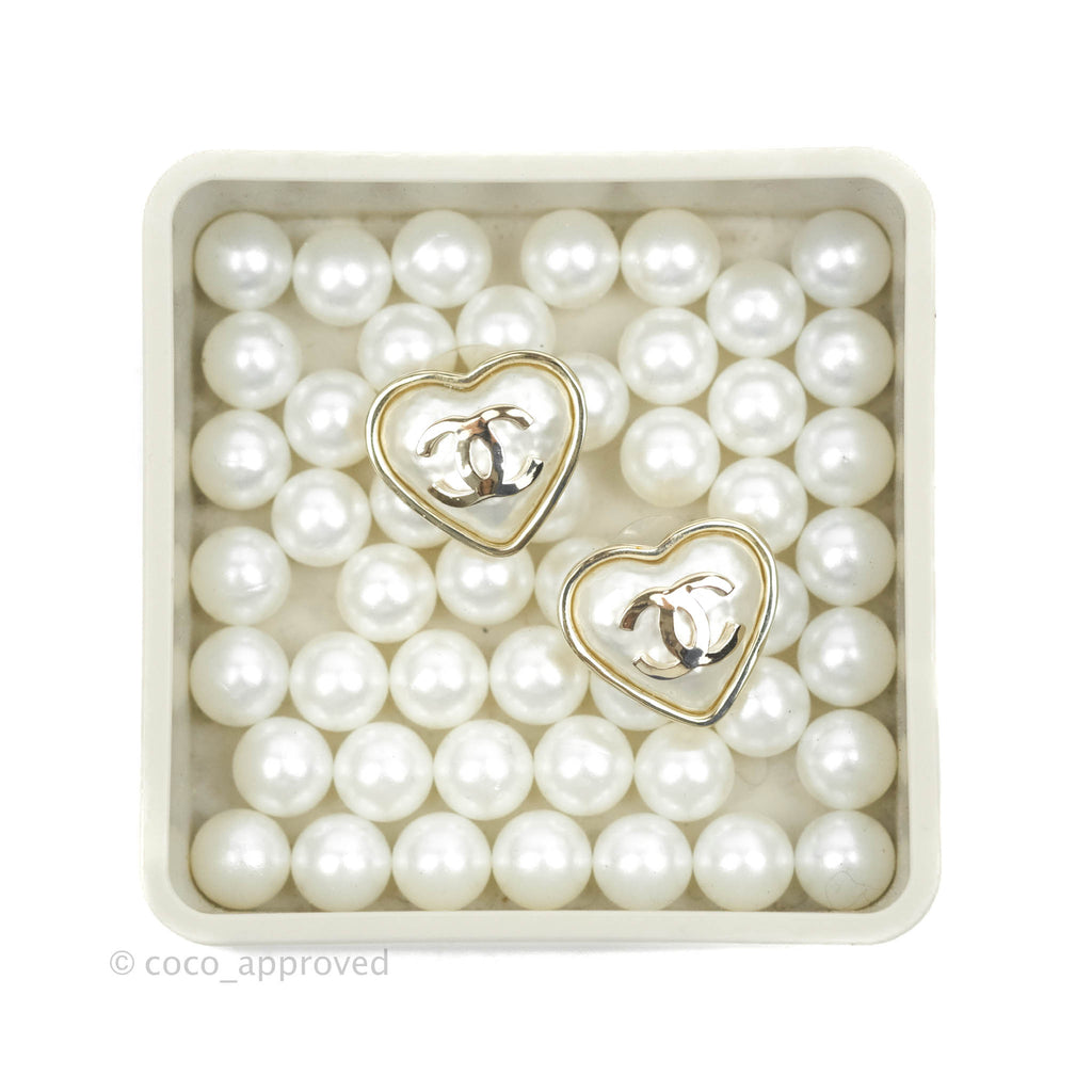 Chanel Pearl CC Heart Earrings Gold Tone 22C