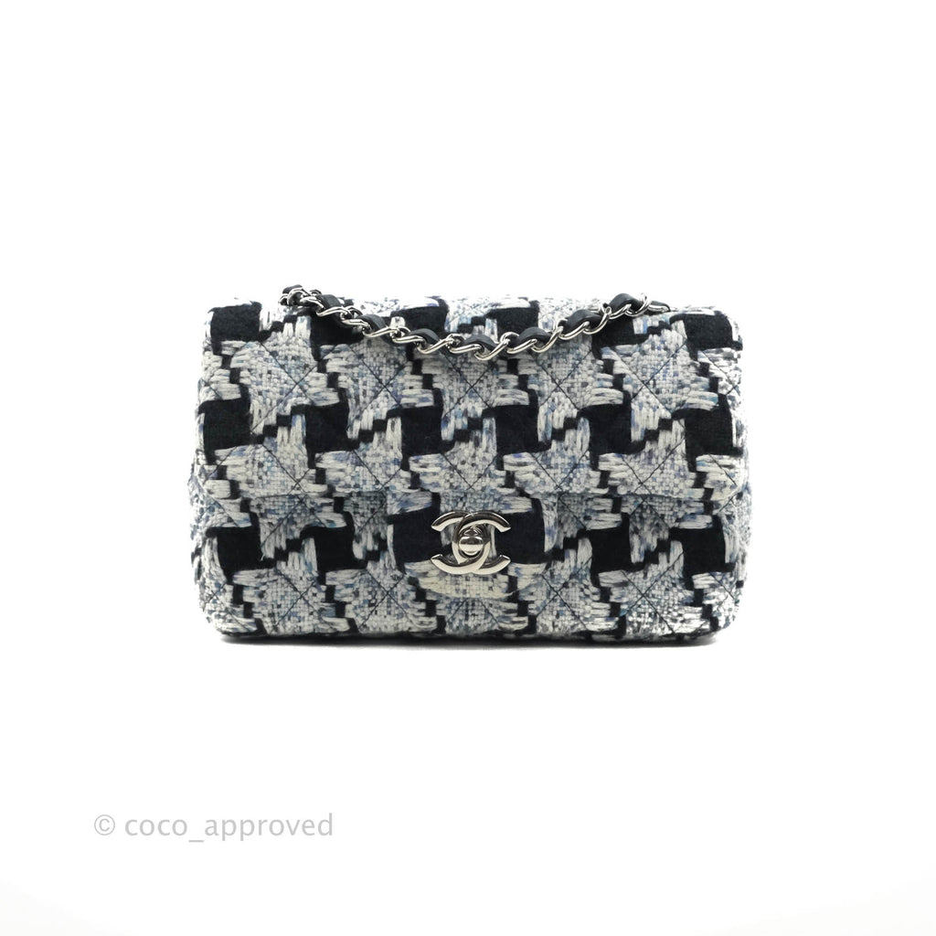 Chanel Classic Mini Rectangular Flap Blue Black Tweed Silver Hardware