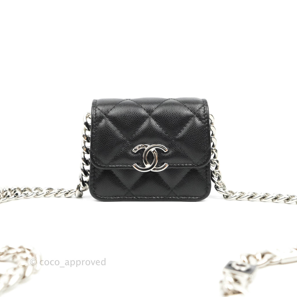 Chanel Mini Clutch With Chain Black Caviar Enamel Silver Hardware 22S